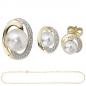 Preview: Schmuck-Set 585 Gelbgold bicolor 3 Perlen 4 Diamanten Ohrringe und Kette 42 cm