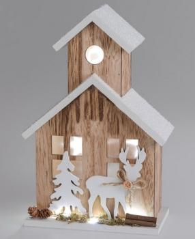 30 cm hohes winterliches Deko-Haus aus Holz in Weiß und Braun