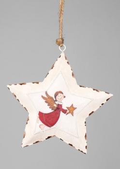 Dekohänger Stern mit Engel aus Metall, rot creme, 18 cm