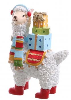 Deko Figur Lama mit Sattel und Geschenken weiß bunt 6,5 x 9 cm