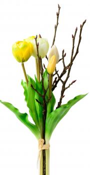 Künstliche Tulpen als Bund 5 Stück mit Zweigen gelb weiß 42 cm