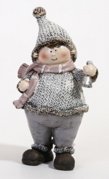 16 cm großes Winterkind, Junge in Beige und Braun aus Kunststein mit Glocke