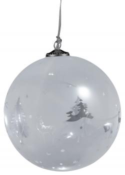 weiße LED-Glas-Kugel mit klarem Rentier-Tannenbaum-Dekor, Timerfunktion 15 cm Ø