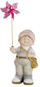 Deko-Figur-Kind Junge mit rosa Windrad stehend grau rosa 10 x 14 x 31 cm