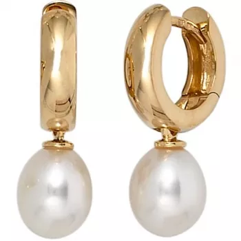 Creolen aus 585 Gold Gelbgold 2 Süßwasserperlen Perlen Ohrringe