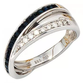 Damen Ring 585 Weißgold 9 Diamanten 0,14ct. 16 Safire blau
