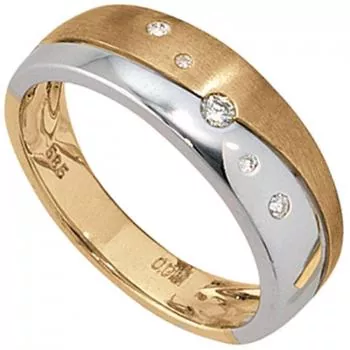 Damen Ring, 585 Gelbgold Weißgold bicolor matt 5 Diamanten