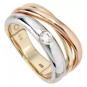 Damen Ring 585 Gold dreifarbig tricolor 1 Diamant Brillant 0,15ct