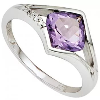 Damen Ring 585 Weißgold 3 Diamanten 1 Amethyst lila violett