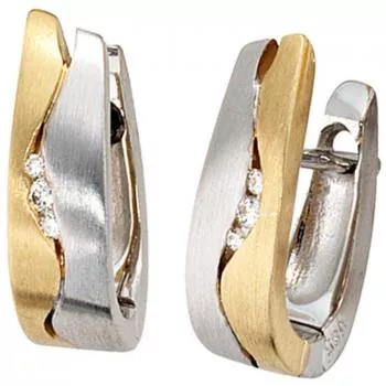 Creolen aus 585 Weißgold Gelbgold bicolor matt 6 Diamanten Brillanten
