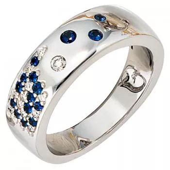 Damen Ring 585 Weißgold Diamanten 0,10ct. 15 Safire blau