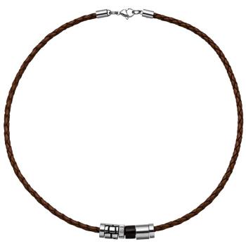 Collier Halskette Leder braun mit Edelstahl und Holz 45 cm Lederkette
