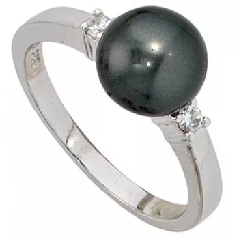 Damen Ring 925 Sterling Silber rhodiniert 2 Zirkonia Perlenring
