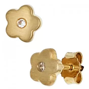 Kinder Ohrstecker Blume Blumen 333 Gold Gelbgold mattiert 2 Zirkonia Ohrringe
