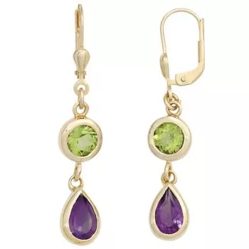 Boutons Ohrhänger aus 585 Gelbgold mit 2 Amethysten und 2 Peridoten