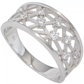 Damen Ring breit 333 Gold Weißgold teil matt 9 Zirkonia Goldring