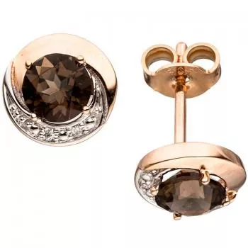 Ohrstecker rund 585 Gold Rotgold 4 Diamanten Brillanten 2 Rauchquarze braun