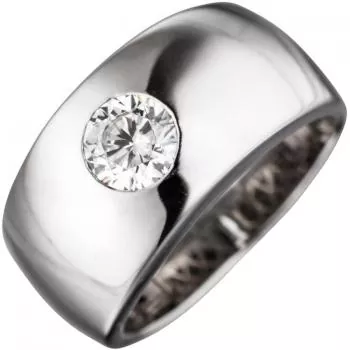 Damen Ring breit 925 Sterling Silber rhodiniert 1 Zirkonia