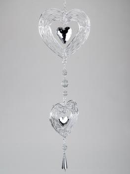 Hängedeko 2 Herzen aus Metall und Glas, silber, 65 cm