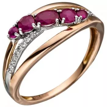 Damen Ring 585 Gold Rotgold 5 Rubine rot 16 Diamanten