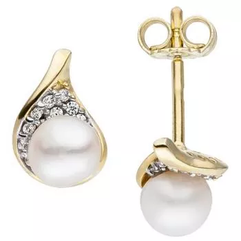 Ohrstecker aus 375 Gelbgold mit 2 Süßwasser Perlen und 20 Zirkonia