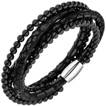 19 cm Armband aus Leder in Schwarz mit Onyx Kugeln und Edelstahl
