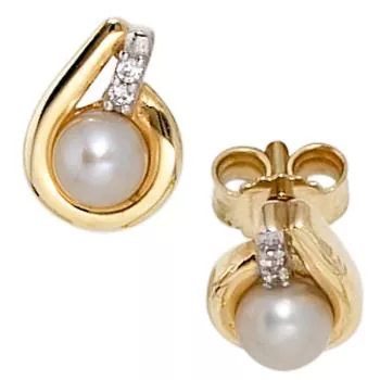 Schmuck-Set aus 333 Gold Gelbgold Perlen Zirkonia Ohrringe und Kette 45 cm