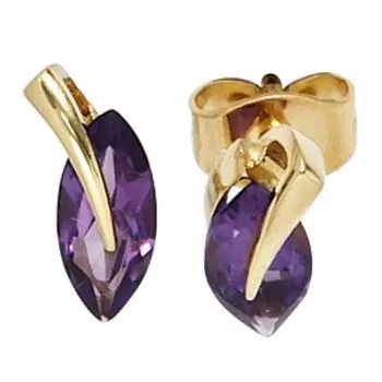 Schmuck-Set 585 Gelbgold 3 Amethyste lila violett Ohrringe und Kette 45 cm