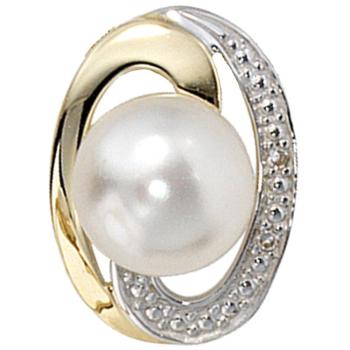 Schmuck-Set 585 Gelbgold bicolor 3 Perlen 4 Diamanten Ohrringe und Kette 45 cm