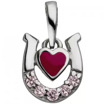 Kinder Anhänger Hufeisen Herz 925 Sterling Silber 5 Zirkonia