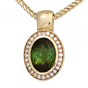 Anhänger oval 585 Gold Gelbgold 1 Turmalin grün 28 Diamanten Brillanten 0,10ct.