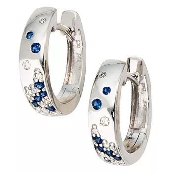 Creolen 585 Weißgold 18 Diamanten Brillanten 14 Saphire blau Ohrringe