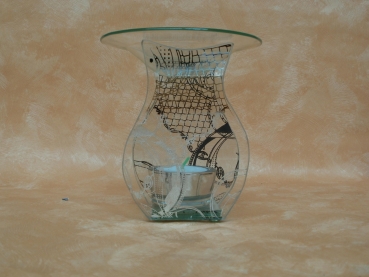 12 cm hohe Duftlampe aus Glas in Flaschenform mit schwarzem Muster