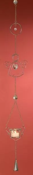 100 cm lange Hängedekoration mit einem Teelichthalter und Engel mit Herz aus Metall, Acryl und Glas
