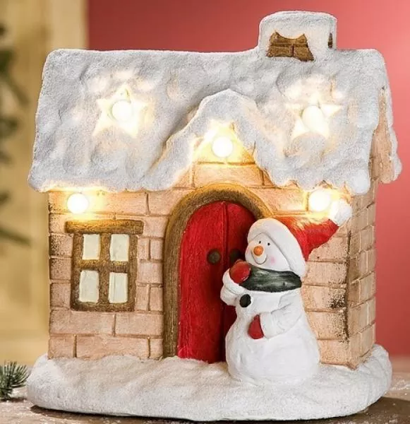 33 cm großes Winterhaus mit einem Schneemann