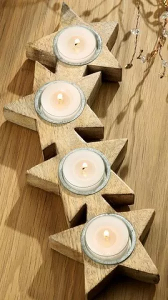 31 cm großes Kerzen-Tablett in Sternform aus Holz mit Teelichtgläserm für 4 Teelichter