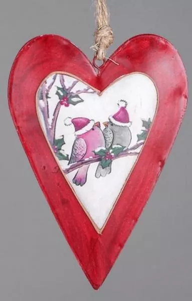 26 cm großer Herz-Dekohänger aus Metall mit einem weihnachtlichen Vogelpaar