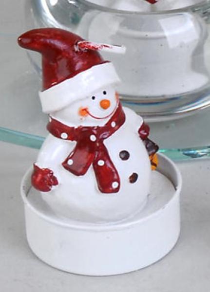 6 Teelichter in Schneemannform in Weiß und Rot