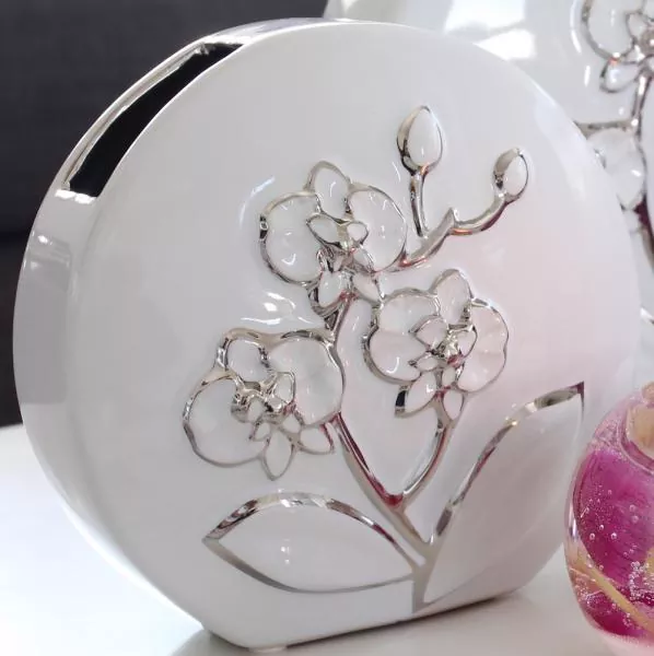 GILDE Deko Vase weiß mit silberner Blumenmusterung, 23 x 22 cm
