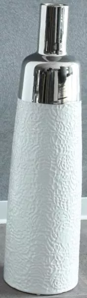 61 cm hohe Flaschenvase aus Keramik in Weiß und Silber mit Musterung