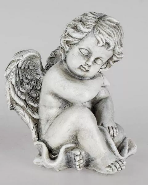 Deko Engel aus Kunststein als Grabdeko in Creme Grau, 14 cm
