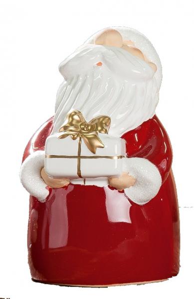 11 cm großer Santa mit Geschenk aus Keramik in Rot, Weiß und Gold
