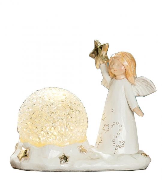 11 cm große Engel Figur mit einer LED Kugel aus Polyresin in Creme und Gold