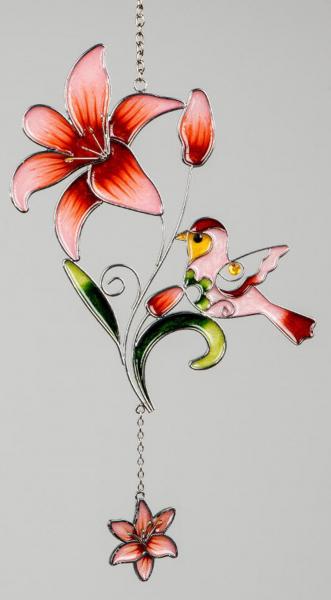 Dekohänger Glasbild Tiffany Vogel mit Blume, rot, 35 x 15 cm