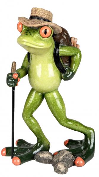 Dekofigur Frosch als Wanderer mit Stock und Hut, grün, 17 cm