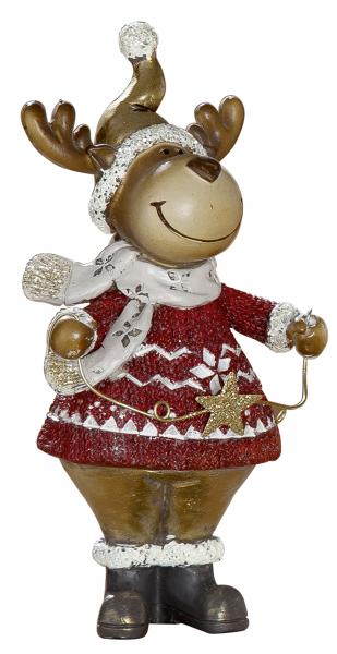 Weihnachts-Deko lustige Elch-Figur mit Stern rot gold beige 11 x 21 cm