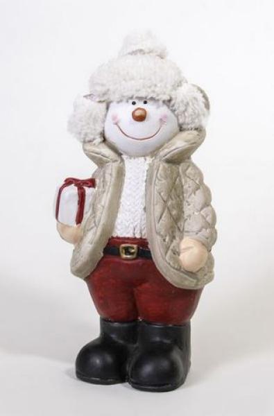 Lustige Dekofigur Schneemann mit Geschenk im Arm, stehend, rot braun, mit Fellmütze