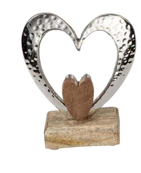Herz auf Sockel Alu mit Mangoholz silber 15 cm