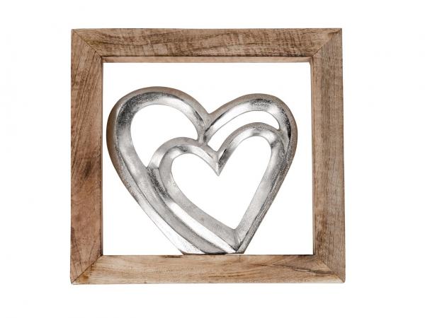 Wanddeko Herz in Herz in Holzrahmen aus Mangoholz silber braun 30 cm