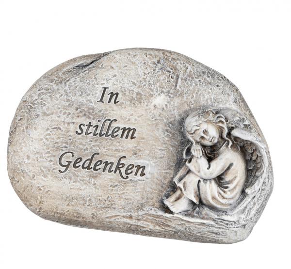 Grabschmuck mit Engel und Aufschrift In stillem Gedenken antik grau 16 cm